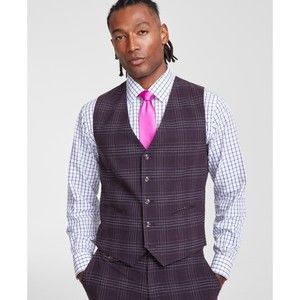 Tayion Collection Suit Vest Burgundy Plaid, Classic Fit, L